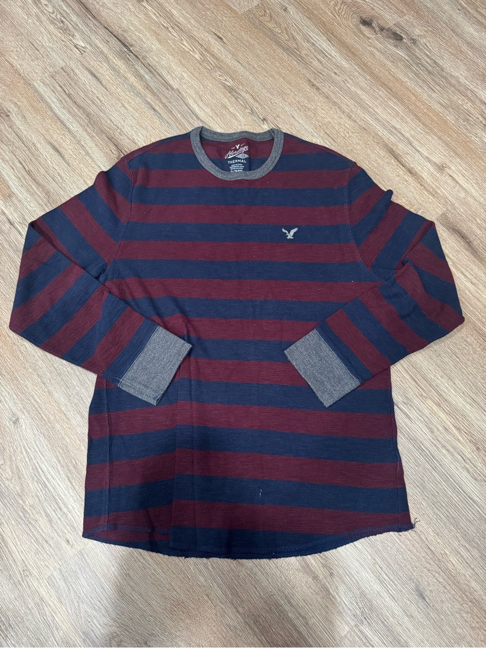 American Eagle Outfitters Men's Long Sleeve Striped Shirt - Navy and Burgundy